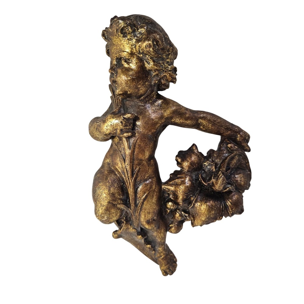 Vintage Gold Cherub Wall Plaque Angel Putto Relief‎ Sculpture 12 Inch Gilded Art